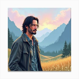 Watercolor Of Keanu Reeves In A Serene Mountain Valley With Pastel Skies 1 Canvas Print