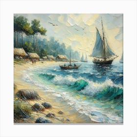 Sailboats On The Beach, Acrylic Painting Style Canvas Print