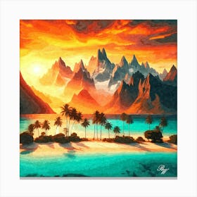 Oil Texture Tropical Beach At Sunset 2 Canvas Print