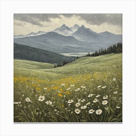 vintage oil painting of wild flowers in a meadow, mountains in the background 9 Canvas Print