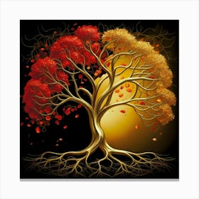 Template: Half red and half black, solid color gradient tree with golden leaves and twisted and intertwined branches 3D oil painting 1 Canvas Print