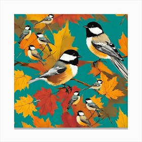 Chickadees in Autumn- maple leaves, titmouse bird, white background. Vector seamless pattern. Fall season illustration. Garden nature design, landscape art Canvas Print