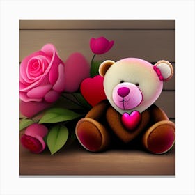 Teddy Bear With Roses Canvas Print