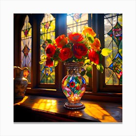 The Vase. Decoupage. Roses. Coloured glass. Window. Stained glass. Canvas Print