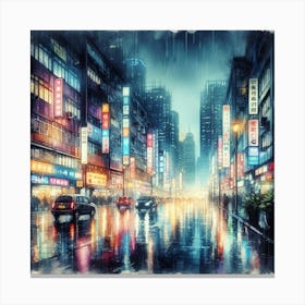 Rain Soaked Cityscape With Neon Lights Reflecting On Wet Pavement (1) Canvas Print