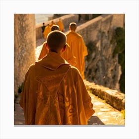 Monks Walking Down A Stone Path Canvas Print