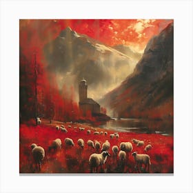 Sheep In The Mountains, In Warm Colors, Impressionism, Surrealism Canvas Print