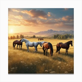 Horses In The Meadow At Sunset Canvas Print