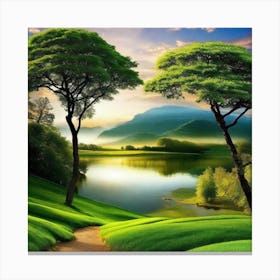 Two Trees And A Lake Canvas Print