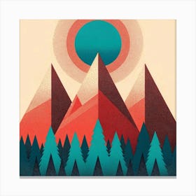 Title: "Radiant Eclipse Over Pine Ridge"  Description: "Radiant Eclipse Over Pine Ridge" captures a mesmerizing celestial event above a forested mountain range. The artwork presents an eclipse with a radiant teal core encircled by warm rings, casting a dynamic glow on the angular crimson peaks below. The foreground features a contrasting array of teal pines, set against the soft cream backdrop that enhances the artwork's modern aesthetic. This piece beautifully merges elements of abstract geometry with the organic forms of a natural landscape, creating a visually stunning homage to the wonders of the cosmos and the majesty of mountain terrains. It's an ideal choice for those seeking a fusion of contemporary design with the timeless beauty of the natural world. Canvas Print