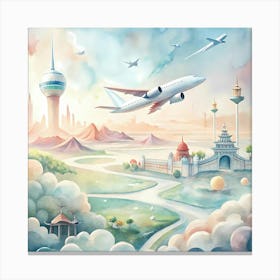 Watercolor Airplane Flying Over A City Canvas Print