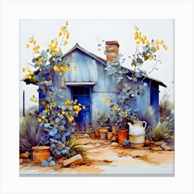 Blue House With Yellow Flowers Canvas Print