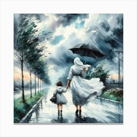 Mother And Child In The Rain Canvas Print