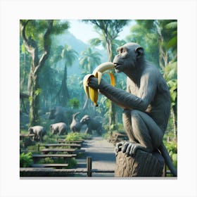 Monkey Eating Banana In The Jungle Canvas Print