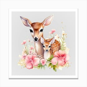 Watercolor Spring Mama And Baby Deer Canvas Print