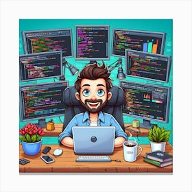 Cartoon Programmer Working At His Desk Canvas Print