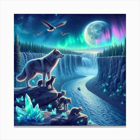 Wolf Family by Crystal Waterfall Under Full Moon and Aurora Borealis and Eagles Canvas Print