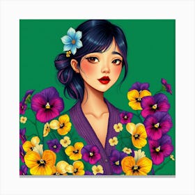 Asian Girl With Pansies Canvas Print