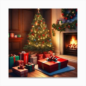 Christmas Presents Under Christmas Tree At Home Next To Fireplace Ultra Hd Realistic Vivid Colors (1) Canvas Print