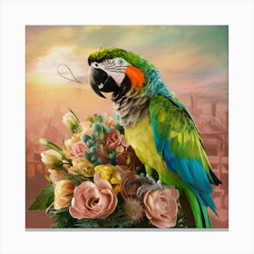 Parrot With Flowers Canvas Print