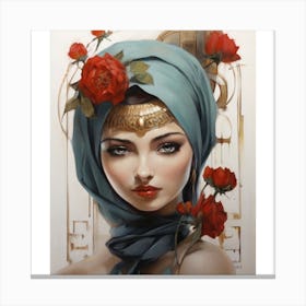 Beauty 2. Fashion 3. Accessories 4. Hijab 5. Crown 6. Necklace 7. Flowers 8. Jewelry 9. Elegance 10. Artistic. .beautiful woman with a golden crown on her head, wearing a blue headscarf and a red rose in her hair. She has a golden necklace around her neck and is surrounded by more red roses. Canvas Print