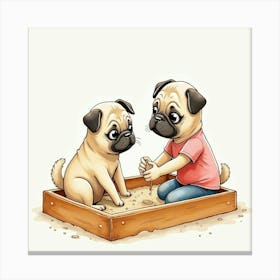 A Pug And A Child Playing In A Sandbox, Watercolor 1 Canvas Print