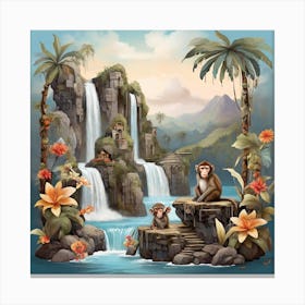 Waterfall and monkeys 2 Canvas Print