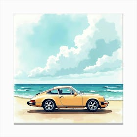 Modern Car By A Tranquil Beach, Watercolor Painting 1 Canvas Print