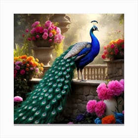 Elegant Peacocks Displaying Their Resplendent Plumage Their Colorful Feathers Forming A Stunning Visual Spectacle Canvas Print