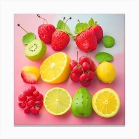 Fresh Fruits On A Pink Background Canvas Print