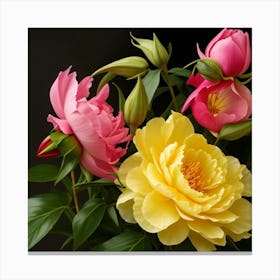 Peonies On Black Background Canvas Print