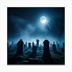 Cemetery Scene On A Halloween Night With Fog And Ghostly Silhouettes Against The Night Sky Haunted (5) Canvas Print