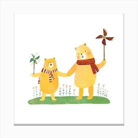 Bears With Little Windmills Square Canvas Print