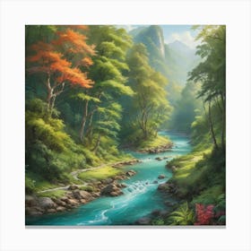 A stunning landscape painting featuring a crystal clear river winding through a lush forest, with vibrant colors and intricate details. 1 Canvas Print