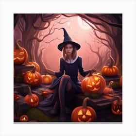 Witch And Pumpkins Canvas Print