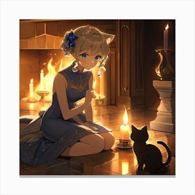 Anime Girl With Cat Canvas Print