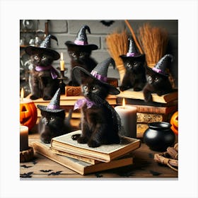 Black Kittens In Witch Hats Canvas Print