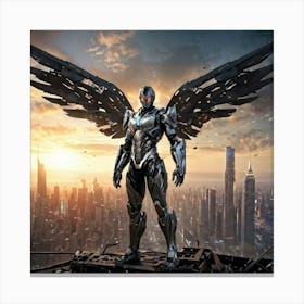 Futuristic Superhero Robot With Damaged Steel Wings And A Human Face Standing Amidst A Sprawling Ci Canvas Print