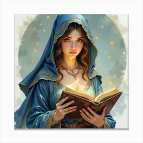 Gorgeous Sorceress With An Enchanted Book, Watercolor 1 Canvas Print