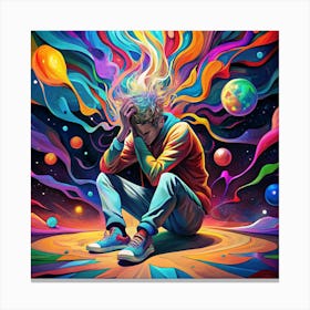 Man With Colorful Hair Sitting In Space Canvas Print