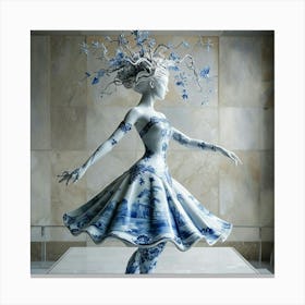 Porcelain Sculpture Of Woman In Ballet Pose With Blue Patterns Canvas Print