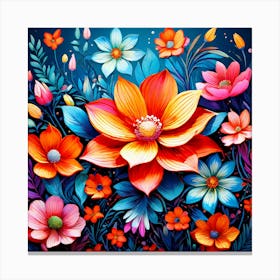 Colorful Flowers, A Vibrant Pattern Bursting With Colorful Flowers Perfect For Those Who Love Nature 3 Canvas Print