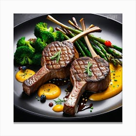 Steak And Vegetables On A Black Plate Canvas Print