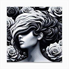 Black & White Pixel Art of Woman & Roses Canvas Print