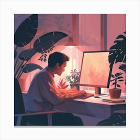 Illustration Of A Man Working At His Computer Canvas Print