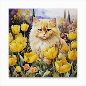Persian Cat In Yellow Tulips 1 Canvas Print