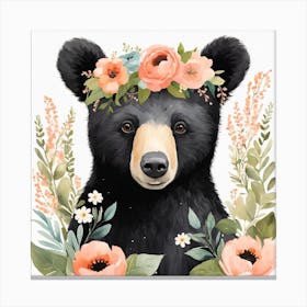 Floral Baby Black Bear Nursery Illustration (29) Canvas Print