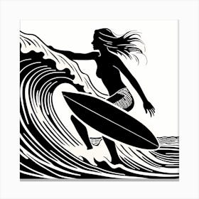 Surfer Girl On A Beach Linocut Black And White Painting Solid White Background, INTO THE WATER, surfing Canvas Print