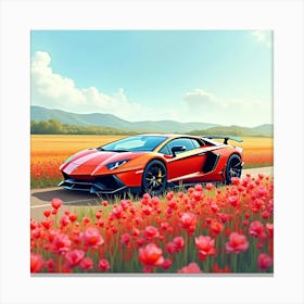 Lamborghini Aventador By A Watercolor Vibrant Flower Field 1 Canvas Print