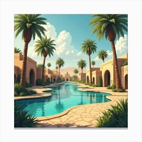 A Serene Oasis With Palm Trees And Traditional Egyptian Houses 1 Canvas Print